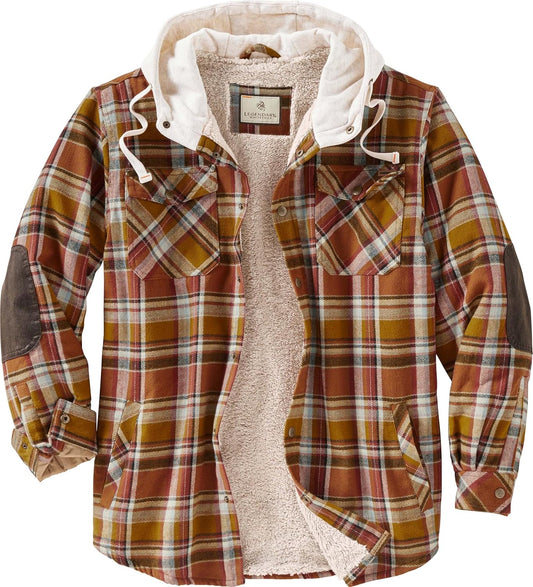 Mens Hooded Shirt Jacket Plaid Flannel Berber Lined Polyfill Insulated Shacket