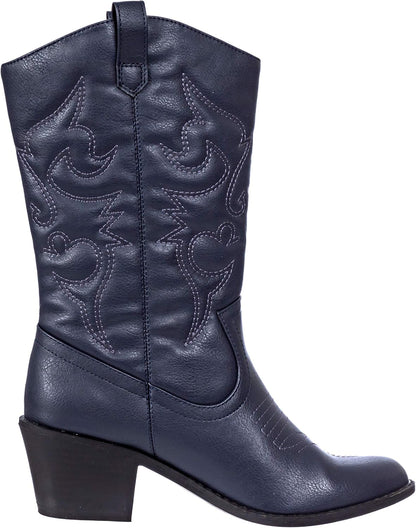 Cowboy Boots for Women Mid-Calf Boot Embroidered Stiching Western Cowgirl Boots Low Stacked Heel